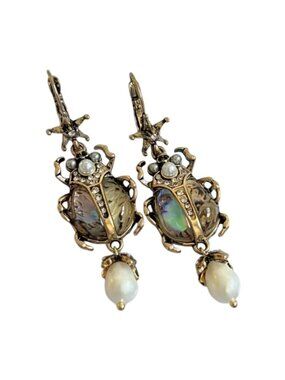 Scarab Beetle Earrings with Imitation Pearl Accents Gold Tone